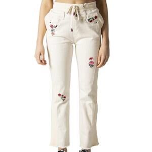 Desigual Cream Ecru Floral Embroidered Jogger Lita Raw Hem Jeans size S NEW Tags